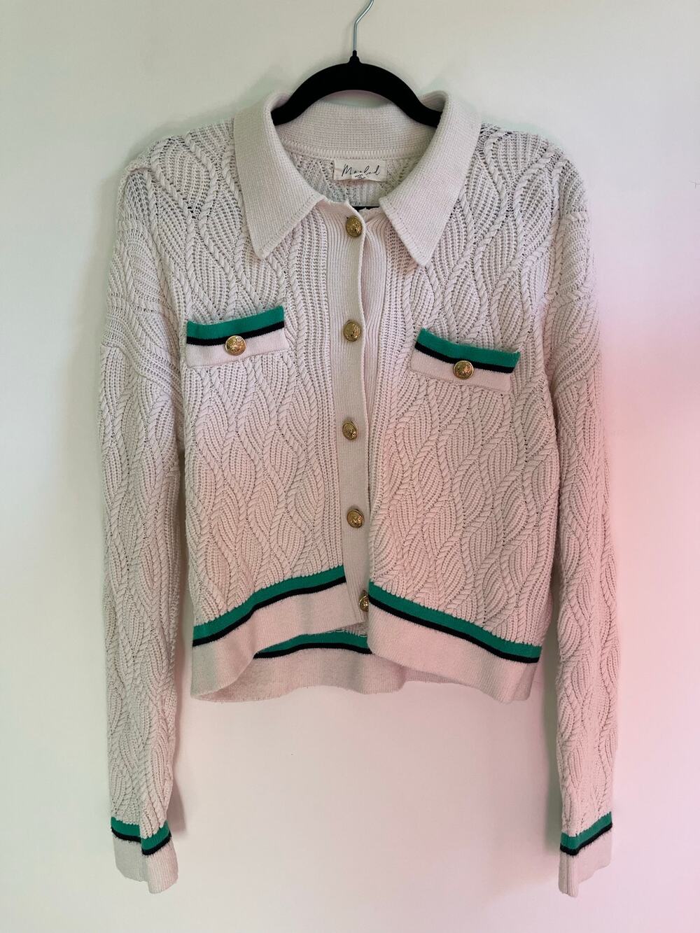 Marled Cream Knit Cardigan Sweater Green Trim Gold Buttons Cropped Size M